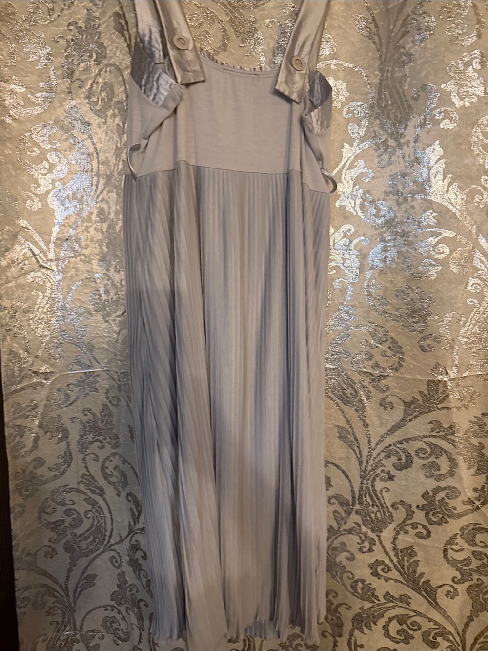 Light Gray Pleated Maxi Dress with Buttoned Straps